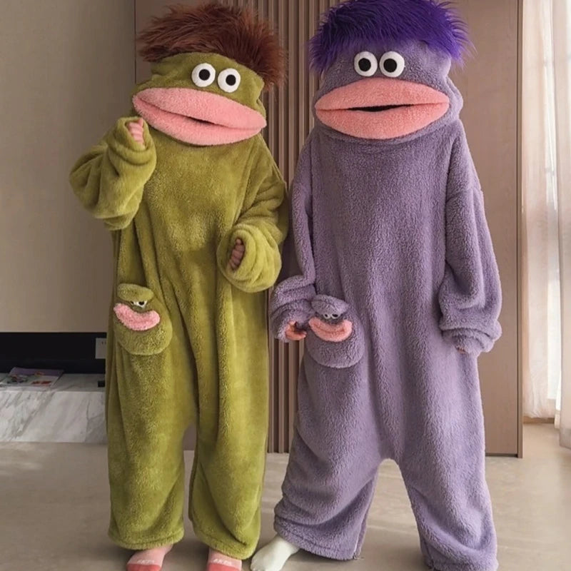 Adult Ugly Cute Big Mouth Monster Onesie Pajamas Warm Thick Coral Fleece Winter Homewear Funny Loungewear Green Light Blue