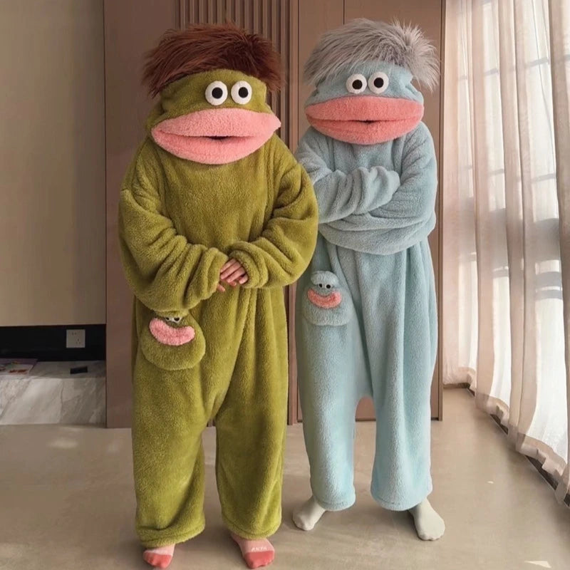 Adult Ugly Cute Big Mouth Monster Onesie Pajamas Warm Thick Coral Fleece Winter Homewear Funny Loungewear Green Light Blue