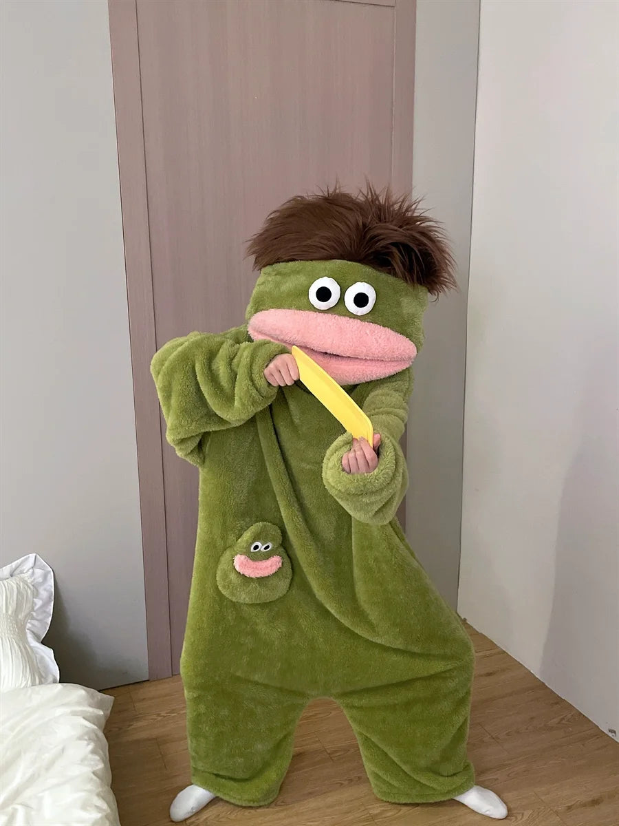 Adult Ugly Cute Big Mouth Monster Onesie Pajamas Warm Thick Coral Fleece Winter Homewear Funny Loungewear Green Light Blue