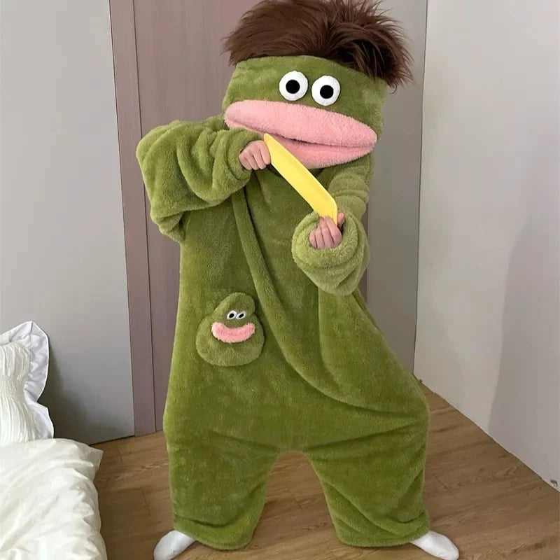 Adult Ugly Cute Big Mouth Monster Onesie Pajamas Warm Thick Coral Fleece Winter Homewear Funny Loungewear Green Light Blue