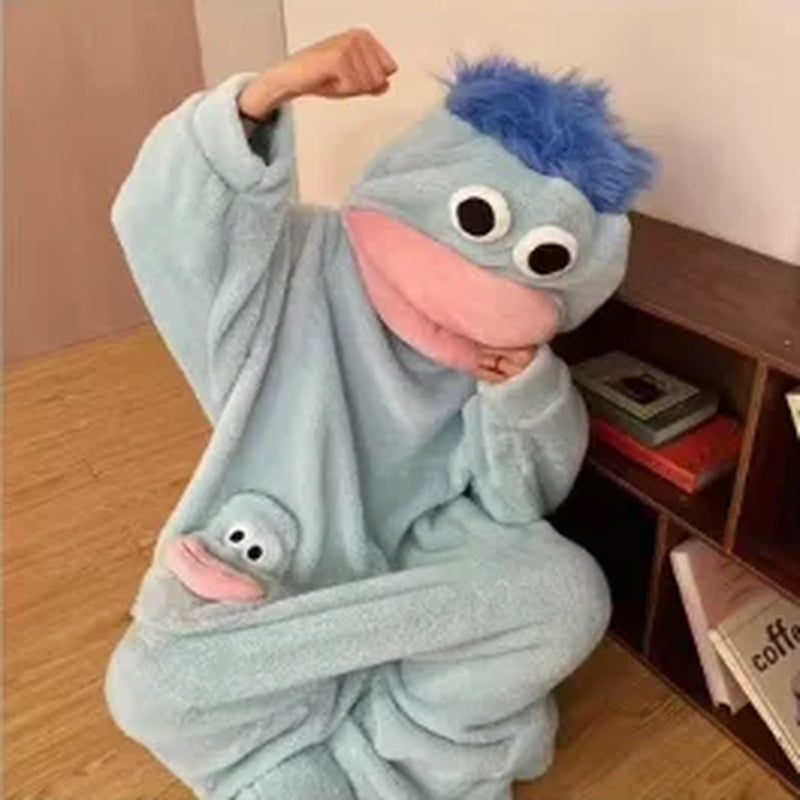 Adult Ugly Cute Big Mouth Monster Onesie Pajamas Warm Thick Coral Fleece Winter Homewear Funny Loungewear Green Light Blue